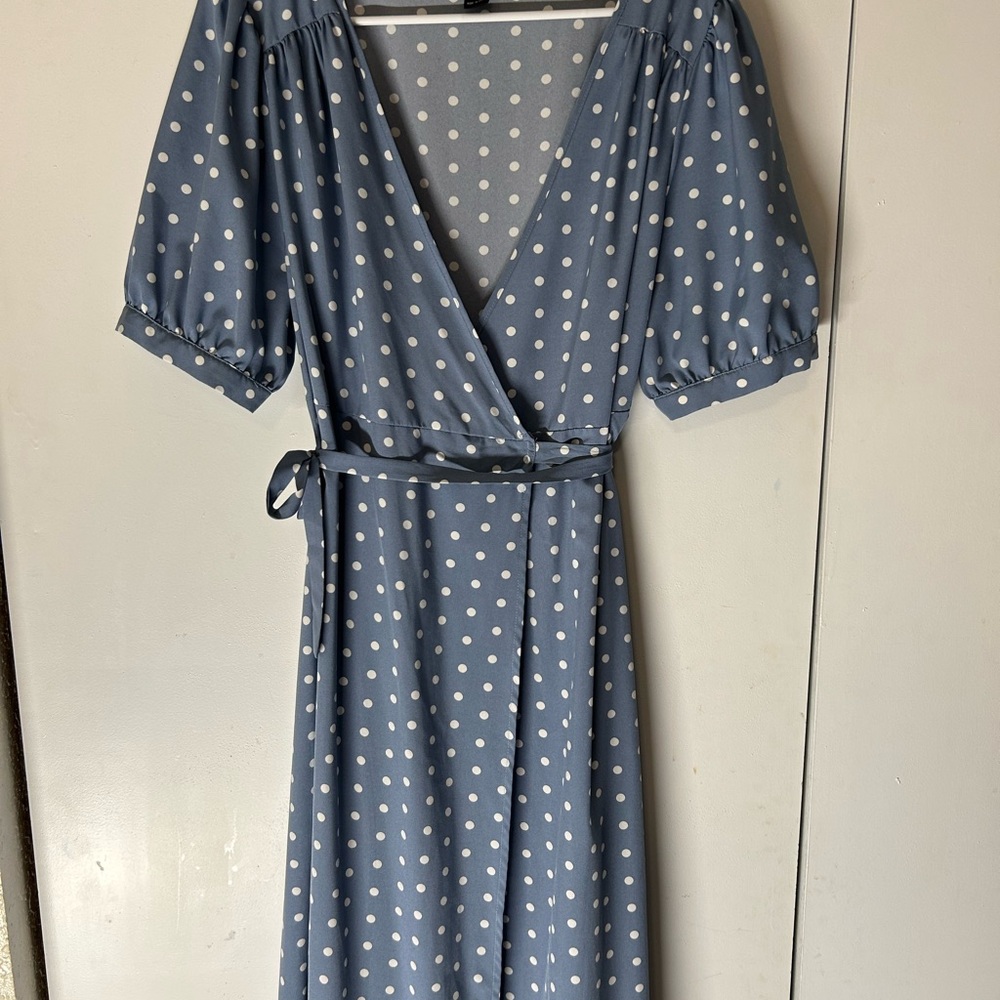 SHEIN Blue Polka Dot Wrap Midi Dress